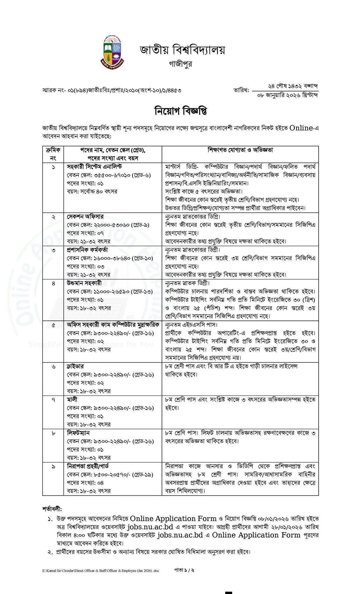 জাতীয় বিশ্ববিদ্যালয় নিয়োগ বিজ্ঞপ্তি ২০২৬ (NU Job Circular 2026)